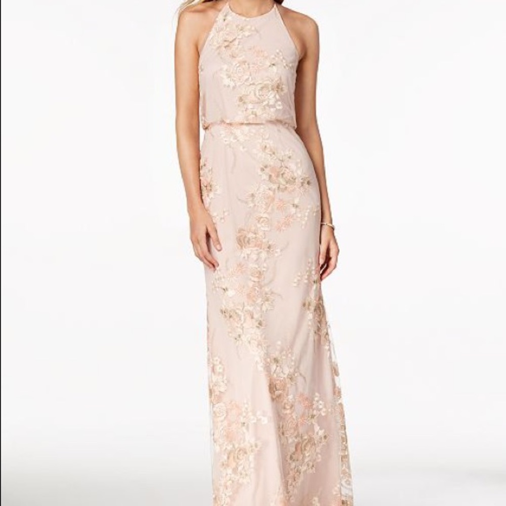 ADRIANNA PAPELL Embroidered Open-Back Halter Gown